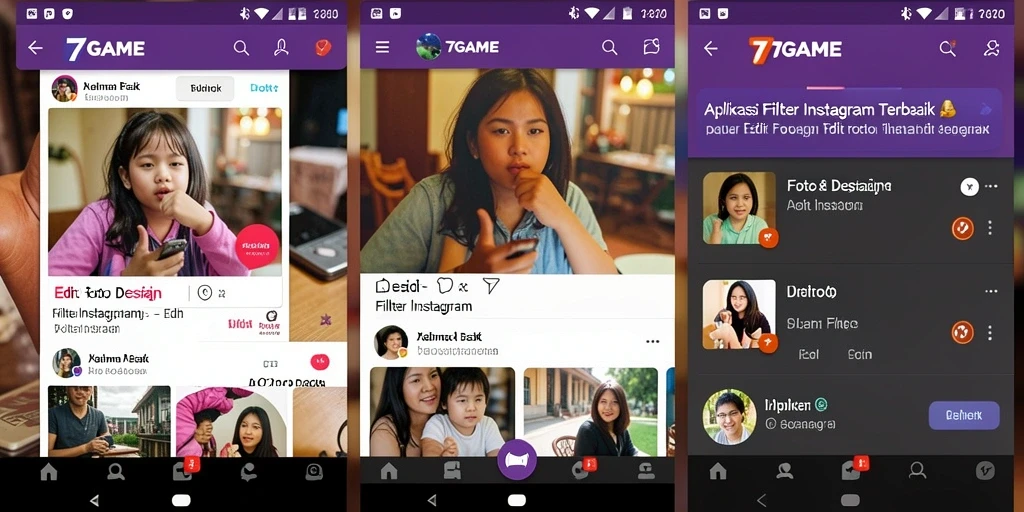 Tampilan antarmuka 7GAME dengan berbagai pilihan filter Instagram.