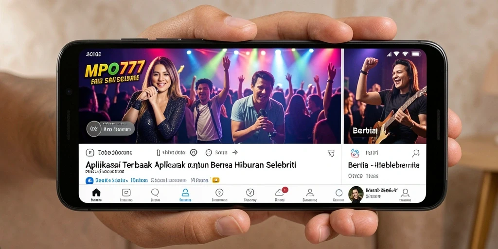 Antarmuka aplikasi MPO777 menampilkan berita selebriti terkini.