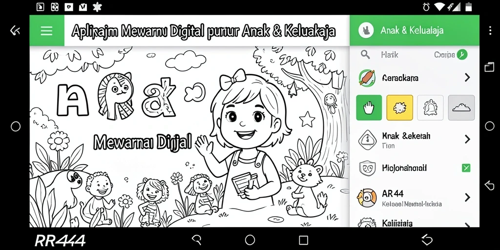 Antarmuka RR44 yang ramah anak dengan berbagai pilihan gambar mewarnai.
